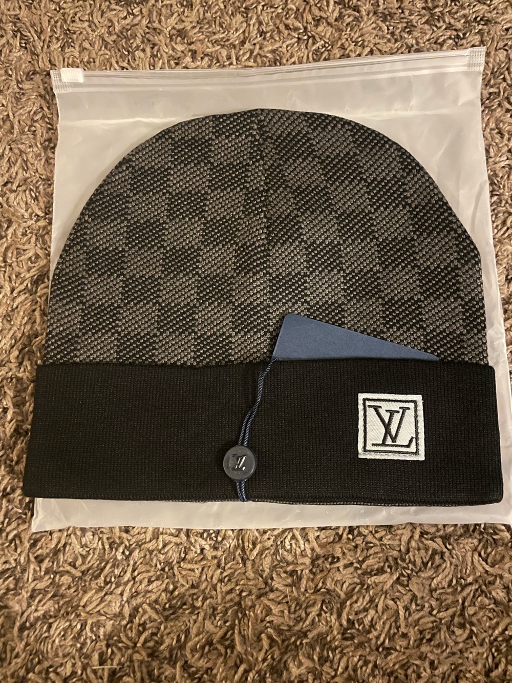 Louis Vuitton Black & Gray Monogram Knit Beanie with LV Patch